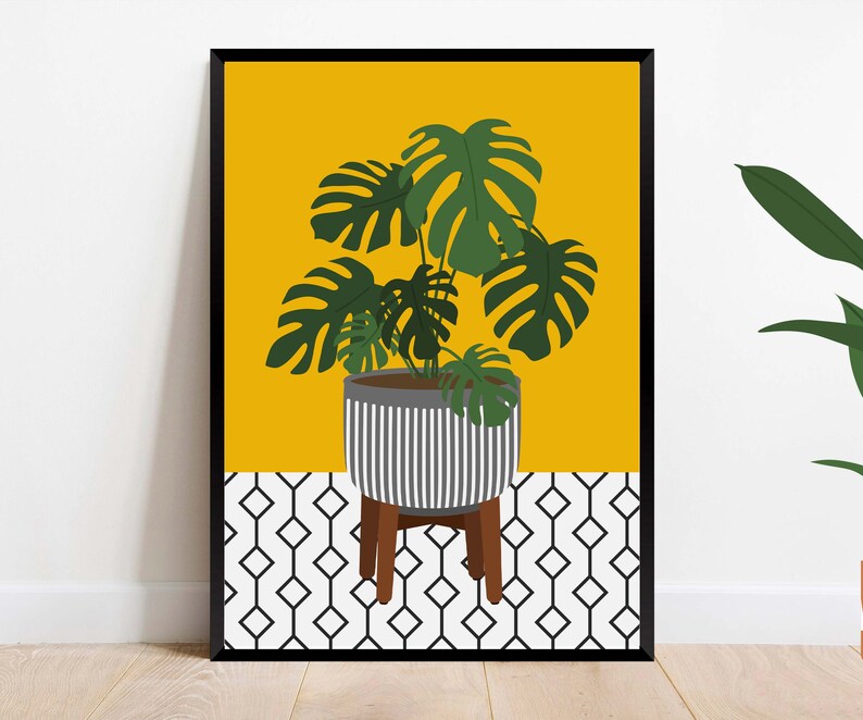 Monstera Leaf Art Print. Botanical House Plant Wall Art, Geometric Modern Plant Print, Grean Leaf & Ochre Mustard Yellow. Boho Style image 3