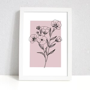 Pode incluir: Um desenho a preto e branco de um ramo de flores sobre um fundo rosa. As flores s&atilde;o simples e delicadas, com cinco p&eacute;talas cada uma. O desenho est&aacute; emoldurado numa moldura branca.