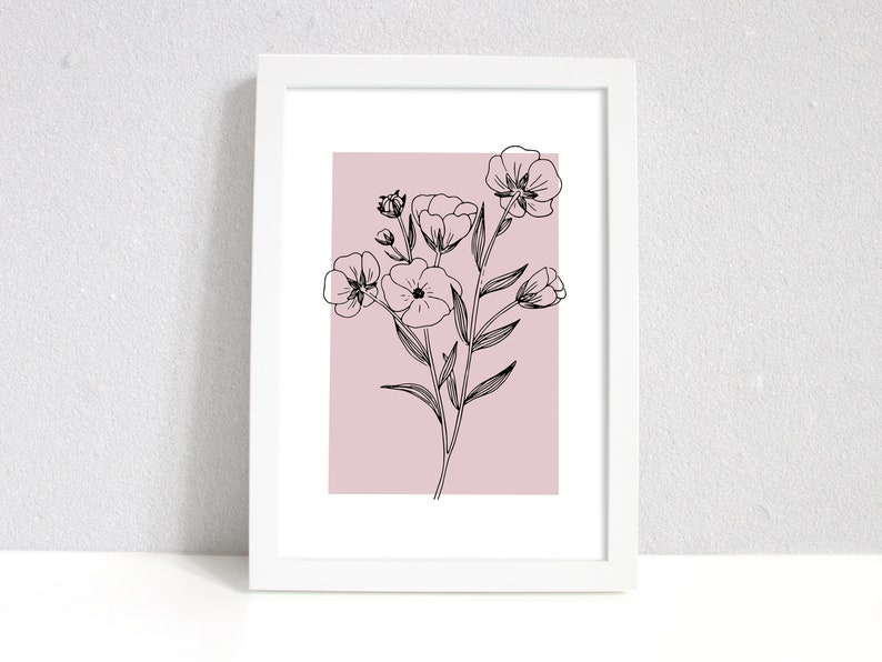 Pode incluir: Um desenho a preto e branco de um ramo de flores sobre um fundo rosa. As flores s&atilde;o simples e delicadas, com cinco p&eacute;talas cada uma. O desenho est&aacute; emoldurado numa moldura branca.