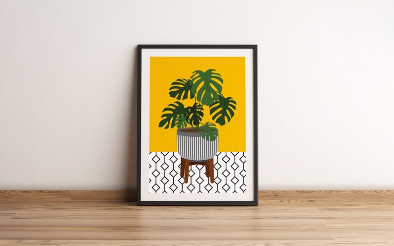 Monstera Leaf Art Print. Botanical House Plant Wall Art, Geometric Modern Plant Print, Grean Leaf & Ochre Mustard Yellow. Boho Style A4 Large Black Frame