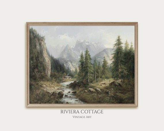 Vintage Rustic Mountain Landscape Painting. Antique Art Print. Moody Cabin Wall Decor. Printable wall art. Digital Download.