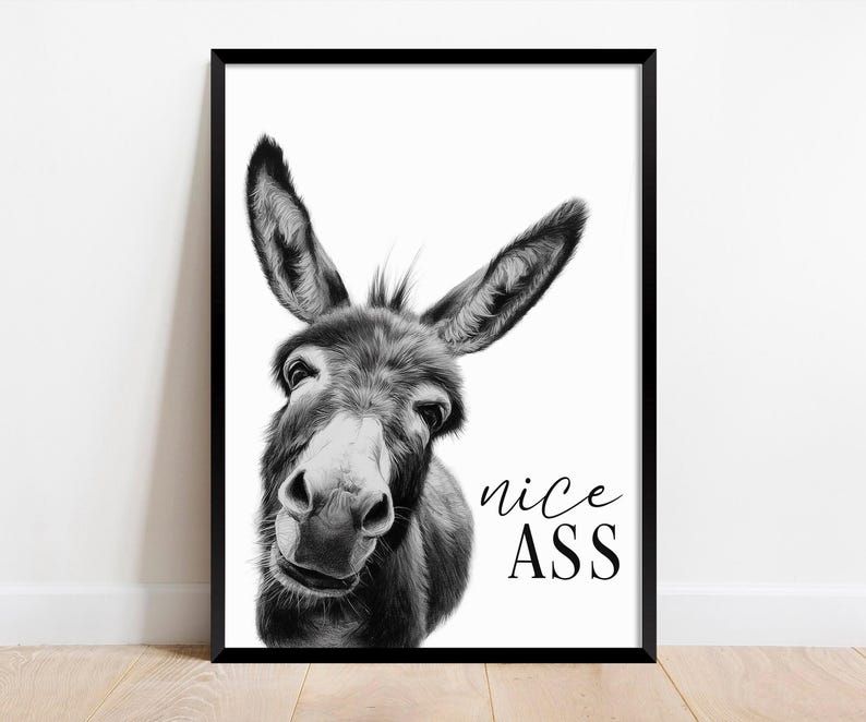 K&ouml;nnte beinhalten: Schwarz-wei&szlig; gerahmter Kunstdruck mit einem Eselgesicht. Der Esel hat gro&szlig;e Ohren und einen neugierigen Ausdruck. Unter dem Gesicht des Esels steht der Text "nice ASS" in einer verspielten Schrift.