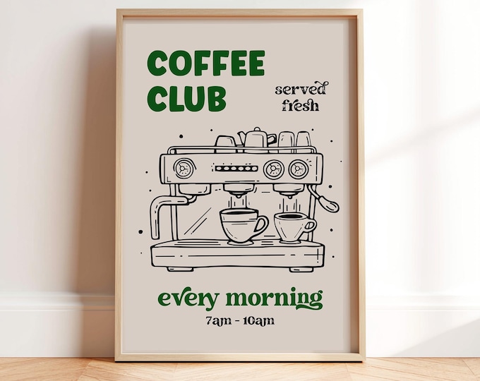 Coffee Club Kitchen Print. Kitchen Wall Art. Coffee bar decor. Hand Drawn Barista Poster. Friend Coffee Lover gift. Coffee morning sign.