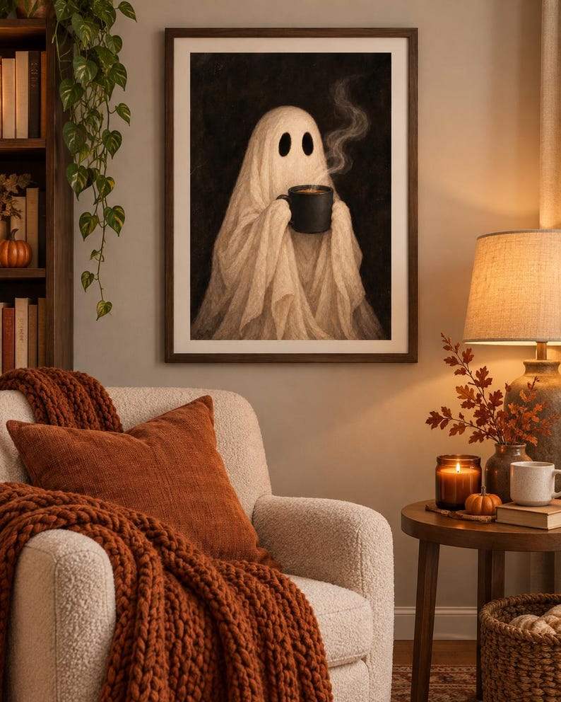 May include: A framed wall art print featuring a white ghost draped in a sheet, holding a black mug with rising steam. The ghost has two large, dark, oval-shaped eyes and is set against a dark, textured background within a simple brown frame.