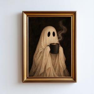 May include: A framed wall art print featuring a beige ghost figure draped in fabric, holding a black mug with rising steam. The ghost has two dark oval eyes and is set against a dark background, enclosed in a metallic gold rectangular frame.