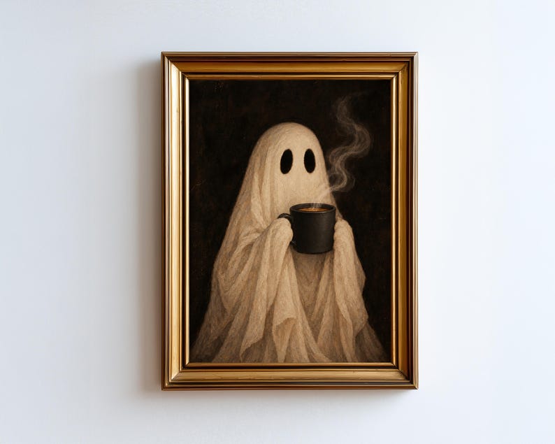 May include: A framed wall art print featuring a beige ghost figure draped in fabric, holding a black mug with rising steam. The ghost has two dark oval eyes and is set against a dark background, enclosed in a metallic gold rectangular frame.