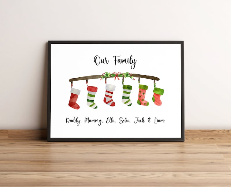 Personalised Christmas Stocking Print, 2-6 Names, Our Family Print. Christmas Wall Print, Christmas Decor. Custom Gift for Mum or Dad. 6