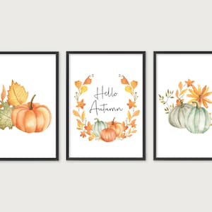 Set of 3 Hello Autumn Pumpkin Prints, Trio Design. Autumn Home Decor ...