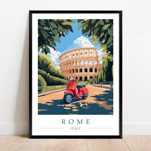 Rome Italy Vintage Travel Poster, Colosseum with Red Vespa Scooter Wall Art, Rome Picture Framed or Print only A4/A5/A3