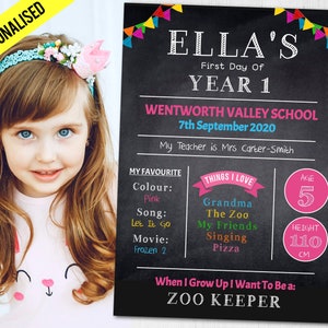 Letrero del primer día de clases, póster de pizarra personalizado de regreso a la escuela, accesorio fotográfico A4, letrero del primer día de clases para niñas. Cualquier Nombre/Año.