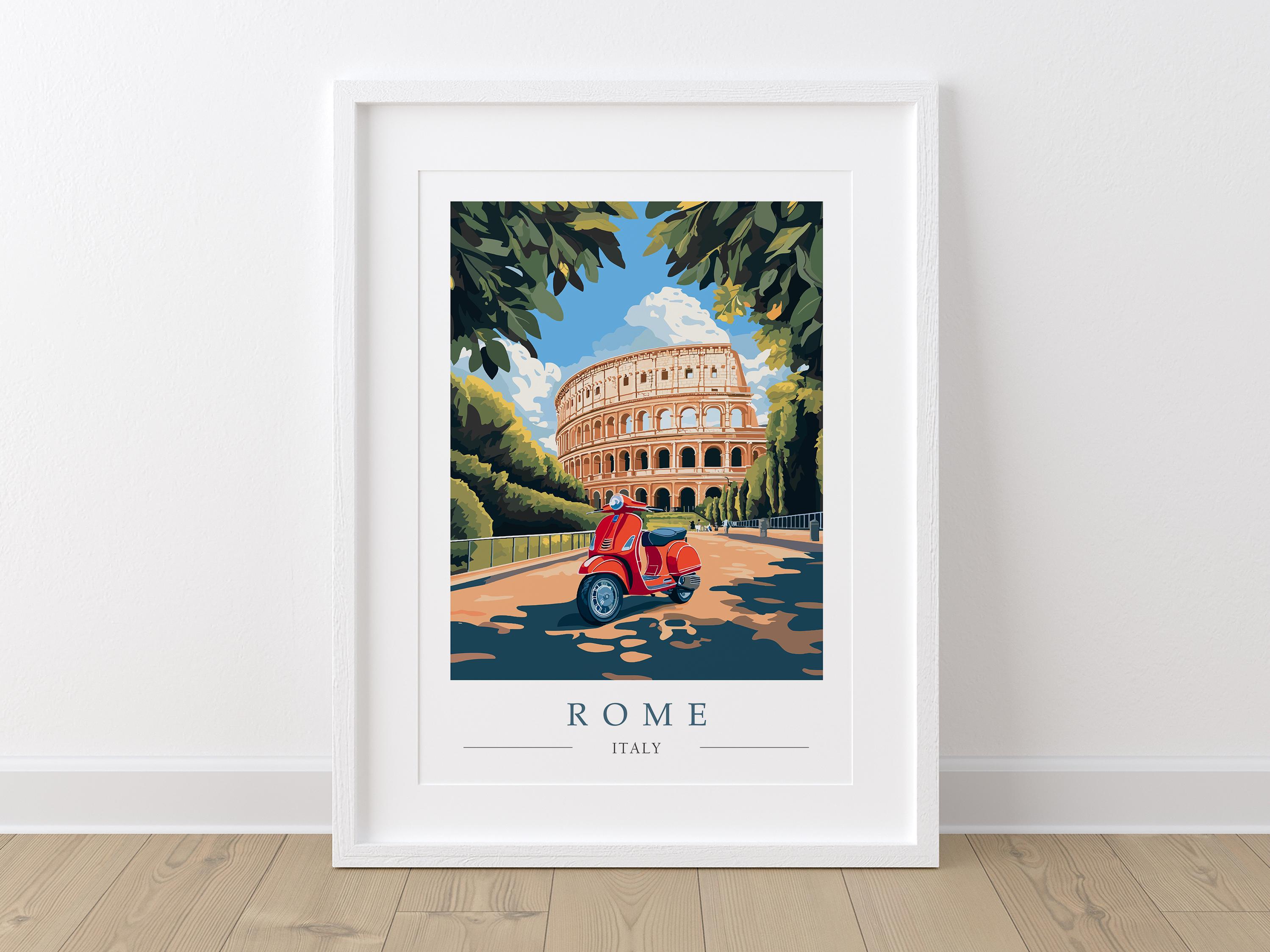 Rome Colosseum Vintage Travel Poster: Red Vespa Scooter Art - Etsy