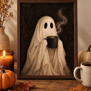 May include: A framed wall art print featuring a white ghost draped in fabric, holding a black mug with rising steam. The ghost has two dark oval eyes and is set against a dark, textured background within a simple dark brown wooden frame.