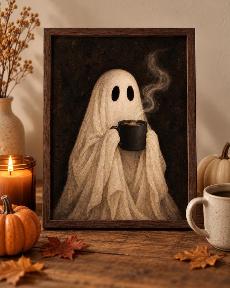 May include: A framed wall art print featuring a white ghost draped in fabric, holding a black mug with rising steam. The ghost has two dark oval eyes and is set against a dark, textured background within a simple dark brown wooden frame.
