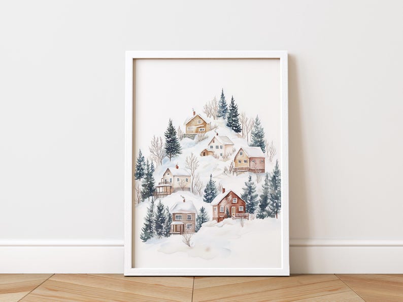 Christmas Winter Village Print. Rustic Vintage Winter Scene Wall Art ...