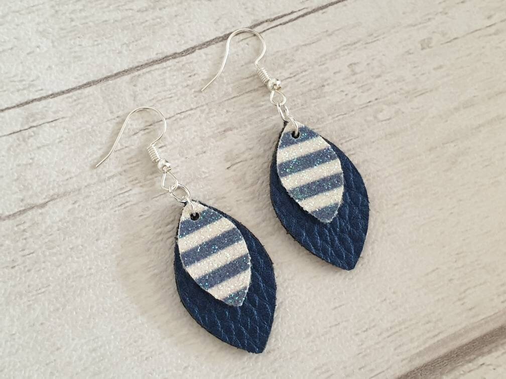 Faux Leather Earrings Blue white glitter stripes with Navy | Etsy