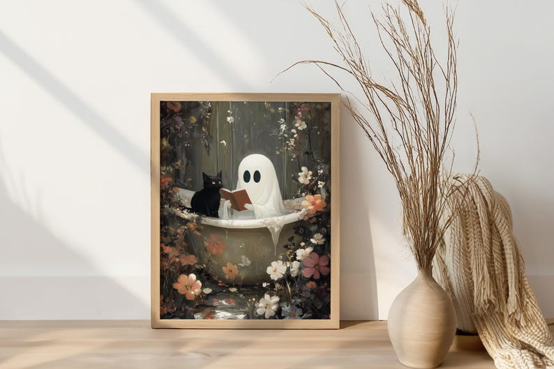 Ghost Reading Book in Bath Black Cat Print. Ghost Bath Tub Wall Art ...
