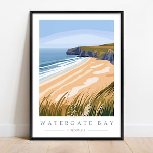 Plakat podróżniczy Watergate Bay, Newquay, Kornwalia, ilustracja, plaża, fale, prezent na ścianę, wydruk, A4, A3, Północna Kornwalia