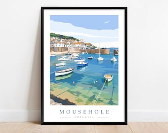 Mousehole Travel Poster — Cornwall Harbour, Modern Minimalist Print