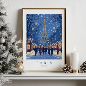Paris Christmas Print Illustration - Eiffel Tower at a Christmas Market Travel Poster - Parisian Wall Art - Paris Xmas Decor Gift