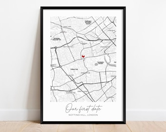 Our First Date Map Print. Personalised Valentine's Day Gift For Him or Her. Where we met. Anniversary Wife Husband Wall art. Couple Poster.