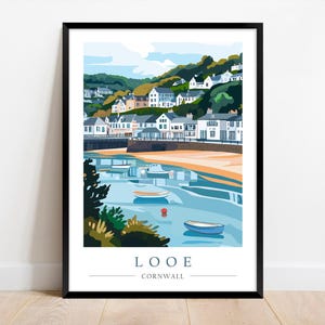 May include: A colorful illustration of the town of Looe, Cornwall, England. The image shows a harbor with boats and a hillside with houses. The text "Looe, Cornwall" is at the bottom of the image.