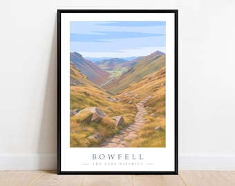 Bowfell Travel Poster Print, Lake District Mountain Print, Modern Minimalist Wall Art