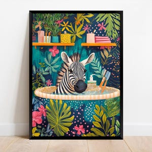 Zebra in Bathtub Bathroom Animal Print, Animal in a Bathtub Wall Art, Tropical Safari Funny Decor, Toilet Art Gifts, Maximalist Jungle Print