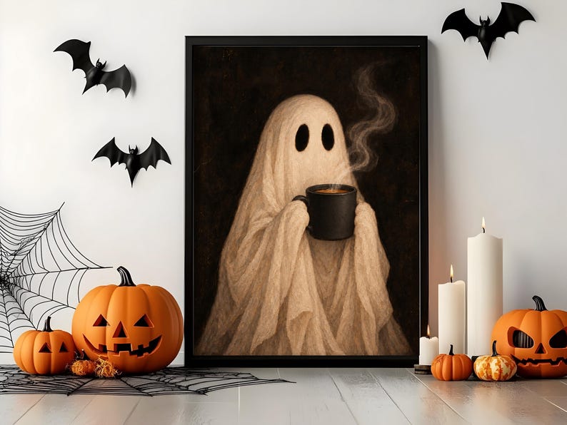 May include: A framed wall art print featuring a beige ghost draped in fabric, holding a steaming black mug against a dark background. The ghost has two large oval eyes and is centered within a simple black frame, showcasing a spooky aesthetic.