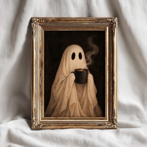 May include: A framed wall art print featuring a beige ghost draped in fabric, holding a black mug with rising steam. The ghost has two dark oval eye holes. The artwork is enclosed in an ornate, metallic gold-toned rectangular frame.