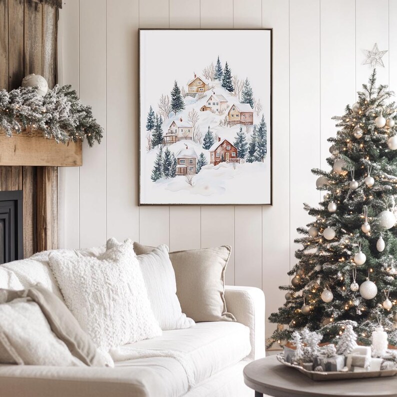 Christmas Winter Village Print. Rustic Vintage Winter Scene Wall Art ...