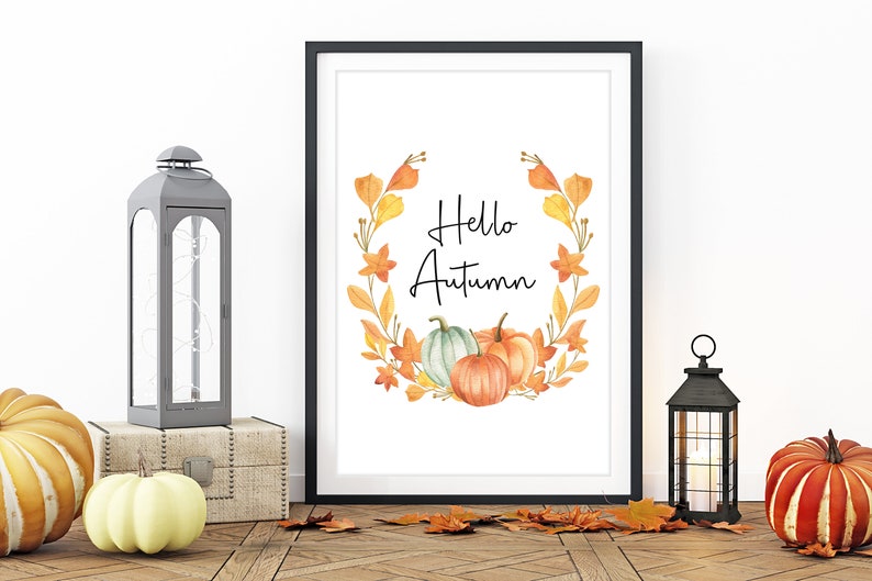 Hello Autumn Pumpkin Print, Autumn Home Decor Watercolour. Seasonal Decor Autumnal Prints. Autumnal Decorations. Fall Wall Art Sign. image 5