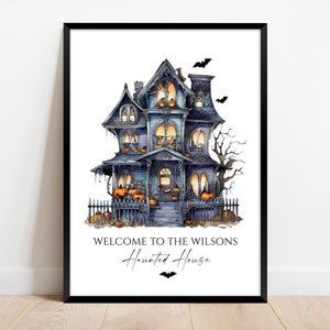 Personalised Haunted House Halloween Print, Spooky Halloween Home Decor, Family Name wall art, seasonal print, gothic haunted house poster.