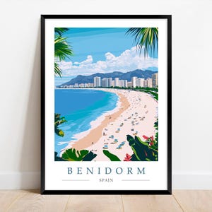 Impression d'affiche de voyage Benidorm, décoration d'art mural espagnol, affiche côtière d'Espagne, A4, A3, A5, encadré ou non