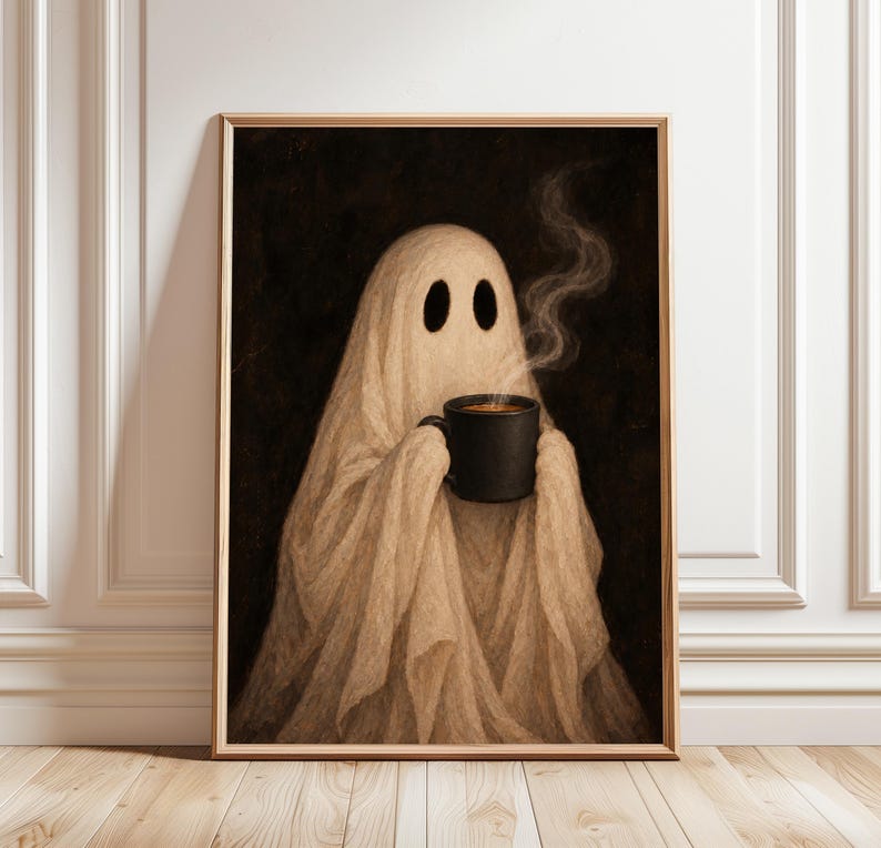 May include: A framed wall art print featuring a beige ghost draped in fabric, holding a black mug with steaming hot liquid. The ghost has two dark oval eye holes and is set against a dark, textured background within a light wood frame.