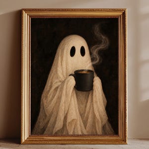 May include: A framed wall art print featuring a white ghost figure draped in fabric, holding a black mug with rising steam. The ghost has two dark oval eye holes and is set against a dark background, enclosed in a decorative gold-toned frame.