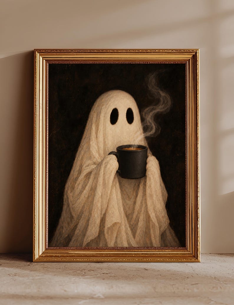 May include: A framed wall art print featuring a white ghost figure draped in fabric, holding a black mug with rising steam. The ghost has two dark oval eye holes and is set against a dark background, enclosed in a decorative gold-toned frame.