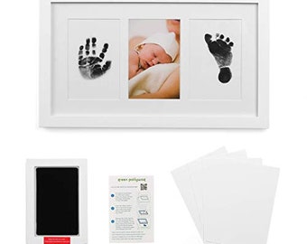 Baby Handprint and Footprint Kit in Elegant White Natural Wood, Clean Touch Inkless Ink Pad Extra-Large, Non-Toxic, Newborn, Pawprints