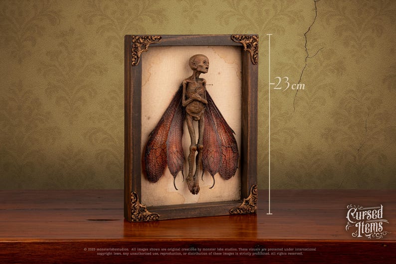 Side view of fairy shadow box showing 23 cm height measurement.
