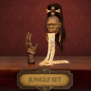 Cursed Items Combo – Shrunken Head & Monkey Paw Tribal Replica Oddities, Horror Decor, Halloween Prop
