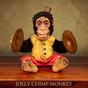 Creepy Haunted Jolly Chimp Monkey Doll, Vintage Animatronic Horror Toy, Weird Collectible Prop, Spooky Curiosity Cabinet Decor
