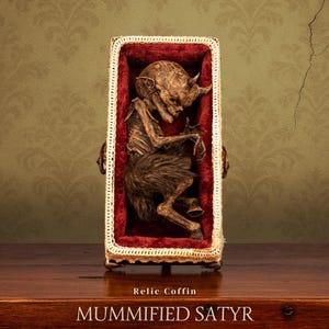 Mummified Satyr Specimen in Coffin – Gothic Cryptid Relic, Occult Oddity Decor by Cursed Items