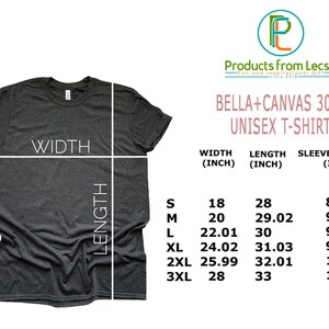 May include: A gray Bella + Canvas 3001 unisex t-shirt with size chart showing width and length measurements in inches.