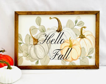 Hello Fall Pumpkin Sign, Watercolor Pumpkin Sign, Fall Home Decor, Farmhouse Decor, Gifts for Fall