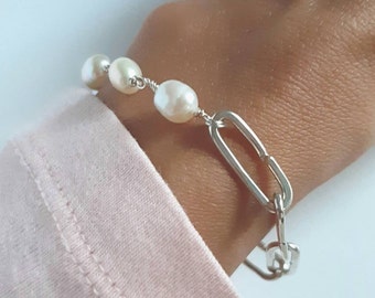 Sterling Silver Paper Clip Bracelet, Baroque Pearl Chain Bracelet, Pearl Rosary Bracelet, Handmade Wedding Bracelet, Pearl Bracelet