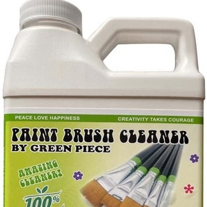 May include: A white plastic container of paint brush cleaner by Green Piece. The label features the text "Paint Brush Cleaner" and "100% Natural". The label also includes images of paint brushes and floral accents. The cleaner cleans, restores, and conditions paint brushes.