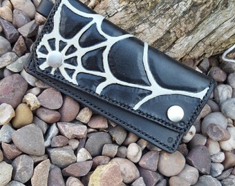Black white Leather biker credit card holder for men women cobweb