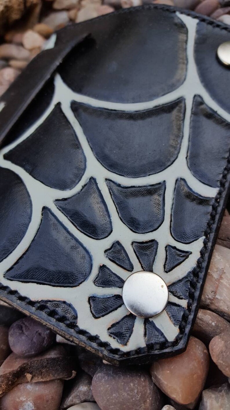 Black white Leather biker credit card holder for men women cobweb
