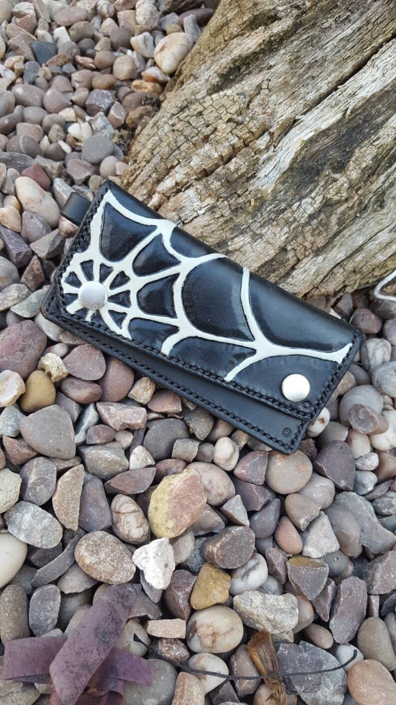 Black white Leather biker credit card holder for men women cobweb