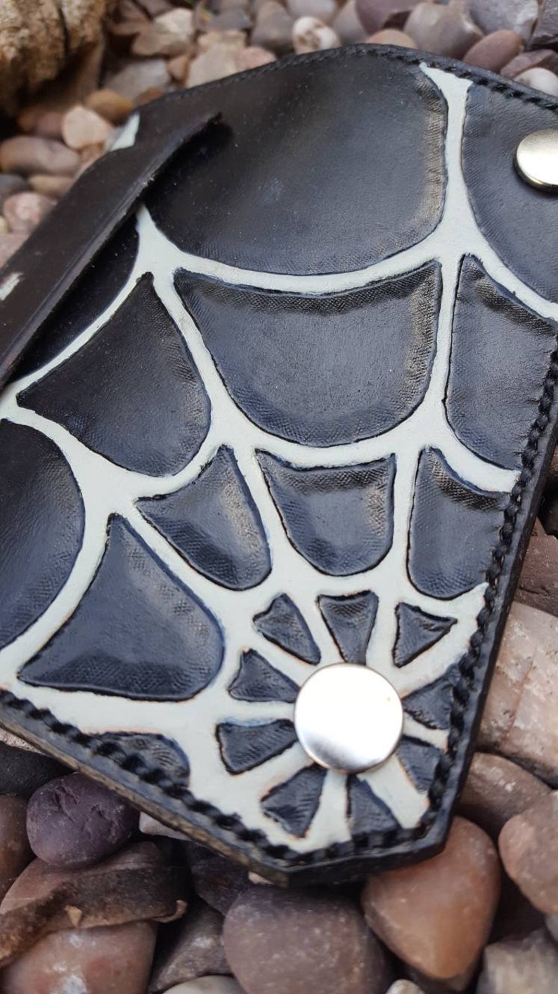 Black white Leather biker credit card holder for men women cobweb