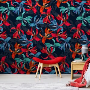 Exotic flowers wallpaper, peel and stick wall mural, removable floral wallpaper, flower wall art, home decor